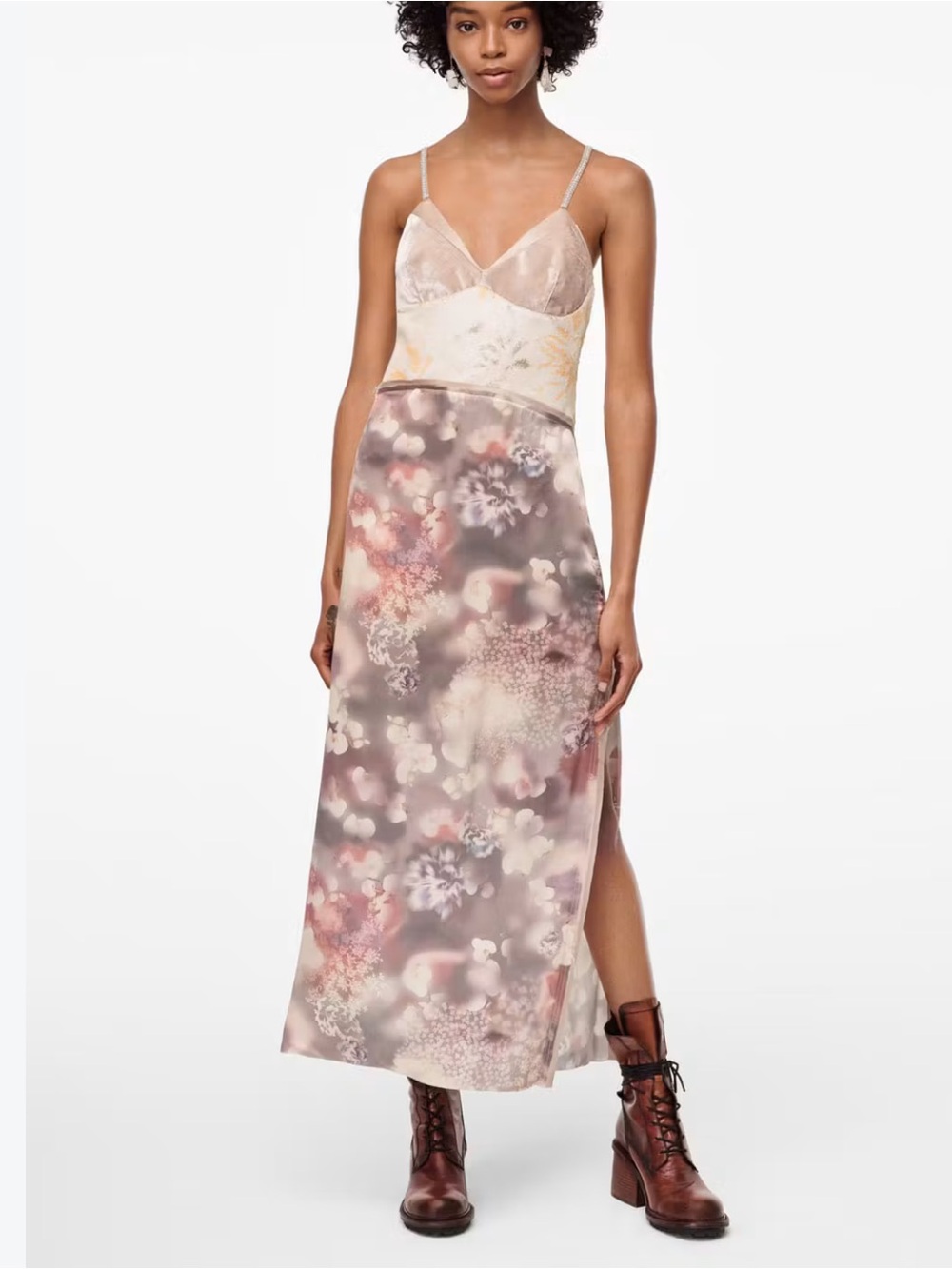 Zara Floral Satin Maxi Slip dress in Blush and Taupe
